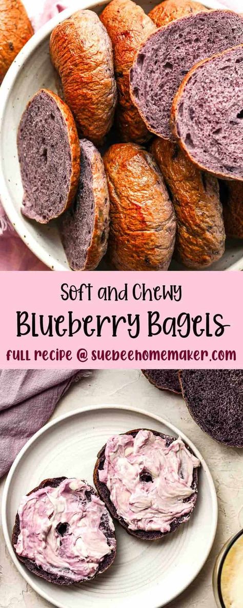 Try something new for breakfast with our Soft and Chewy Blueberry Bagels made from six simple ingredients! Use fresh or frozen blueberries and enjoy these thick and chewy bagels for days. You can even freeze them for later! Blueberry Bagels, Lemon Pancakes, Blueberry Bagel, Bagel Bread, Sourdough Bagels, Blueberry Juice, Breakfast Routine, Blueberry Cream Cheese, Bagel Recipe