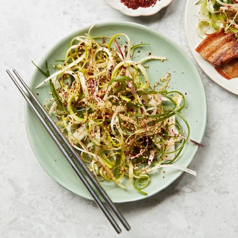 Scallion Salad With Sesame Recipe | Epicurious Scallion Salad, Grilled Pork Belly, Sesame Recipes, Red Leaf Lettuce, Korean Barbecue, Pepper Powder, Toasted Sesame Seeds, Grilled Pork, Rice Vinegar