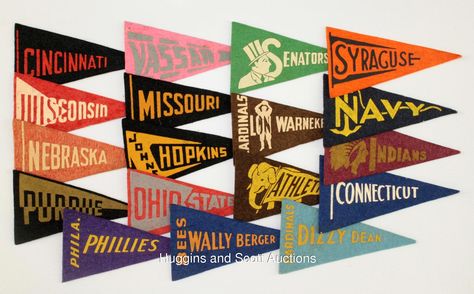 Vintage felt pennants  Oxford Pennant Custom - United By Blue  #USA #madeinUSA #americanproduct #americanmade #oxfordpennant #buffalo #americandesign #vintage #homedecor #homedecorideas #walldecor #giftidea #inspirational #homegoods #pennant #feltpennant #interiordesign #americana #vacation #vacationideas #sports #traveling #schoolspirit #visualmerchandising #decoration #detail Diy Pennant Flags, Sports Pennants, Pennant Design, Vintage Pennants, College Pennants, Baseball Pennants, Trophy Shop, Oxford Pennant, Triangle Flag