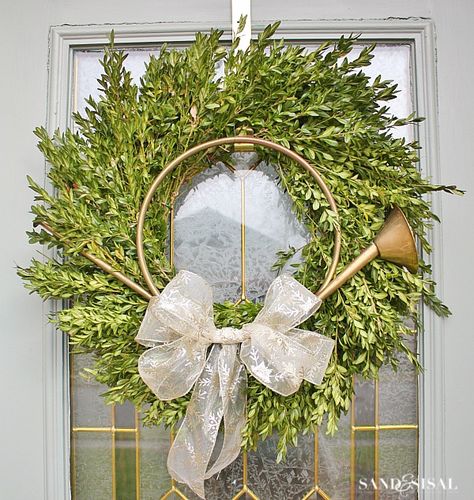 Boxwood Wreath - Christmas Home Tour Boxwood Wreath Decor, Boxwood Wreath Christmas, Horns Decor, Coastal Christmas Decor, Cat Christmas Tree, Boxwood Wreath, French Horn, Beach Christmas, Coastal Christmas