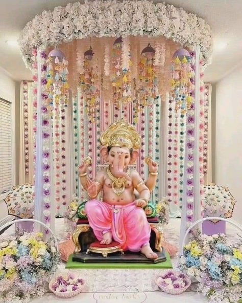 Bappa Decoration Ideas, Ganpati Bappa Decoration Ideas, Best Ganpati Decoration At Home, Ganpati Decoration Theme Ideas, Flower Decoration For Ganpati, Ganpati Decoration Theme, Welcome Home Decorations, Ganesh Chaturthi Decoration, Decoration For Party