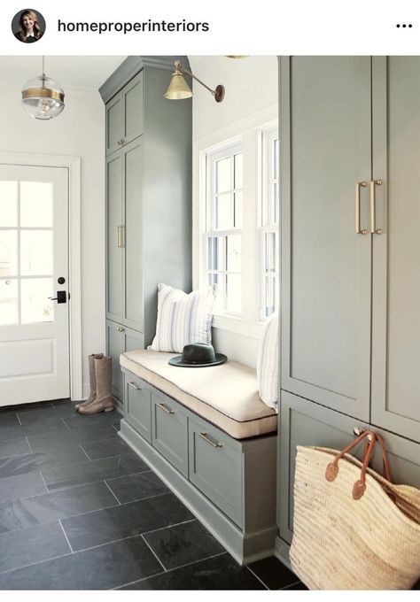 Narrow Mudroom Ideas Entryway, Green Mudroom, Cozy Window Nook, Connecticut House, Cloak Room, Mudroom Remodel, Mudroom Cabinets, Room Revamp, Mudroom Laundry