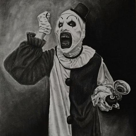 Terrifier Black And White, Spooky Clown Drawing, Horror Film Drawings, Coulrophobia Art, The Terrifier Tattoo, Scary Movie Characters Drawings, Art The Clown Drawing Terrifier, Terrifier Movie Poster, Scary Clown Art