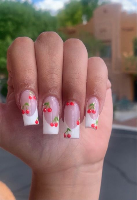 Nail Art Designs Summer Holiday, Coffin Cherry Nails, Pink French Tip With Cherries, French Tip Summer Nails Designs, Cherry Acrylic Nails Square, Acrylic Nail Designs Cherry, Cherry French Tip Nails Square, Cherry Theme Nails, Cherry Hearts Nails