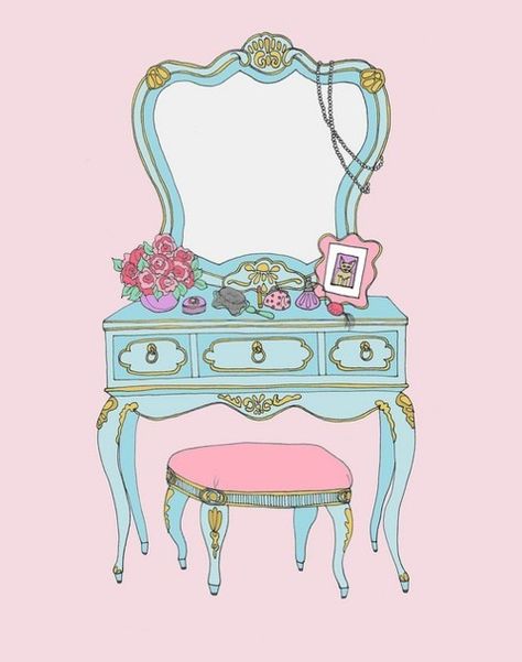 Shabby CHic Dressing table Illustration Pink Vanity, Vintage Vanity, Girly Art, Art And Illustration, Fashion Illustrations, Dressing Table, Paper Dolls, Fashion Illustration, Decoupage