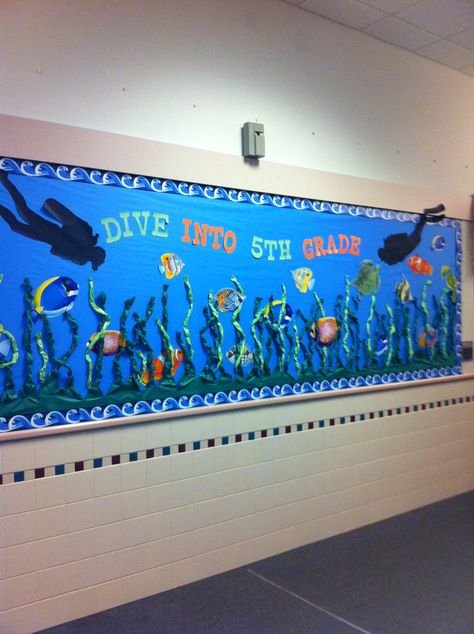 Lake Bulletin Board Ideas, Ocean Welcome Bulletin Board, Beach Decor Classroom Ocean Themes, Ocean Board Ideas, Ocean Classroom Bulletin Boards, Beach Bulletin Board Ideas Preschool, Sea Turtle Bulletin Board, Dive Into Learning Bulletin Board, Ocean Board Preschool