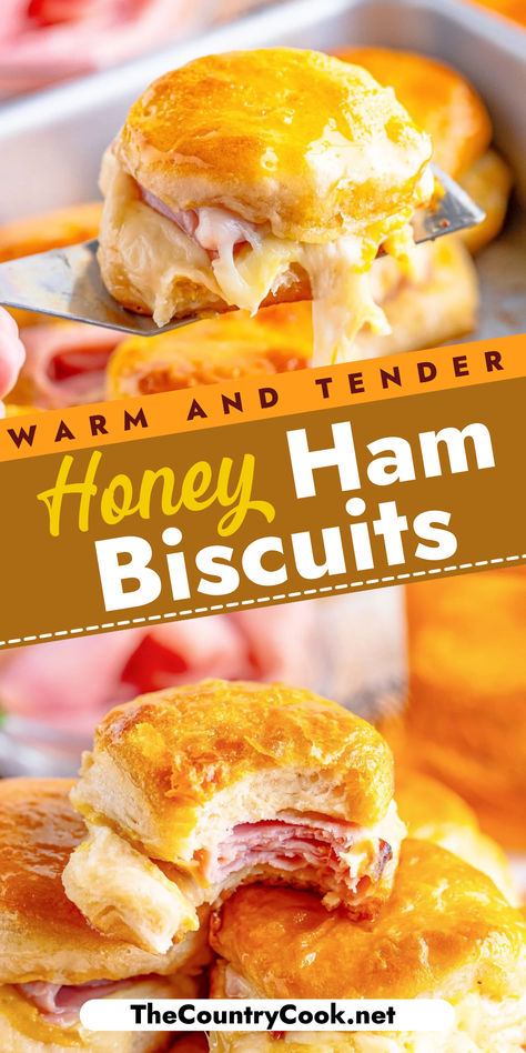 Warm Honey Ham Biscuits are easily made with refrigerated biscuits, honey ham, provolone cheese and drizzled with warm honey. Enjoy for any meal or snack! Pillsbury Biscuit Sandwiches, Pillsbury Recipes Dinner Meals, Biscuit Sliders Recipes, Pilsbury Hawaiian Biscuit Recipes, Ham And Cheese Pillsbury Biscuits, Ham And Biscuit Recipes, Grands Flaky Layers Biscuit Recipes, Honey Butter Biscuits Pillsbury Recipes, Ham And Cheese Biscuit Sandwiches