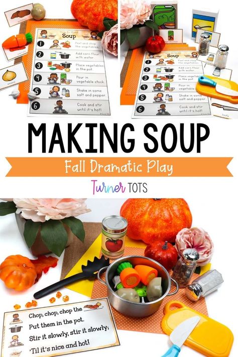 Let your pretend play kitchen area come to life this fall with this simple soup activity. This fall dramatic play idea lets your preschoolers pretend to make soup by following the recipe. It includes labels for the dramatic play area to expose your little ones to print. Click to add this easy to prep dramatic play idea for the fall to your lesson plans. Fall Kitchen Dramatic Play, Building Dramatic Play Preschool, Fall Pretend Play, Pie Stand Dramatic Play, November Dramatic Play Ideas, November Dramatic Play Center, Fall Dramatic Play Toddlers, Dramatic Play Kitchen Ideas, Preschool Fall Dramatic Play Ideas