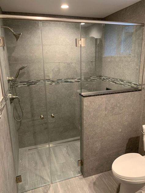 French Door Shower Doors, Neo Angle Shower Enclosures, Shower Door Designs, Neo Angle Shower, Condo Bathroom, Framed Shower Door, Tub Enclosures, Knee Wall, Corner Shower Enclosures