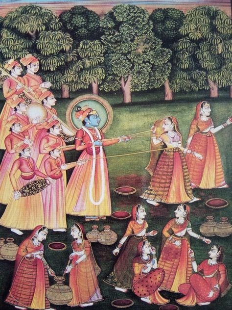 Lord Krishna playing Holi a festival of colors in India. Krishna Playing Holi, Holi Painting, Narrative Art, Radha Krishna Holi, Spiritual Pictures, Festival Of Colors, Modern Graphic Art, Art Miniature, Pichwai Paintings