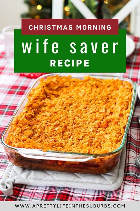 Christmas Morning Wife Saver, or as we like to call it: Life Saver. This cheesy egg and ham overnight breakfast casserole is the perfect recipe for Christmas morning! Assemble it the night before and pop it in the oven in the morning. Best Of Bridge Wifesaver Breakfast, Christmas Morning Wife Saver Breakfast Best Of Bridge, Breakfast Wife Savers, Christmas Morning Wife Saver Recipe, Christmas Morning Breakfast Quiche Easy Recipes, Christmas Overnight Breakfast, Morning Wife Saver Breakfast, Christmas Breakfast Casserole Ham, Wife Saver Casserole