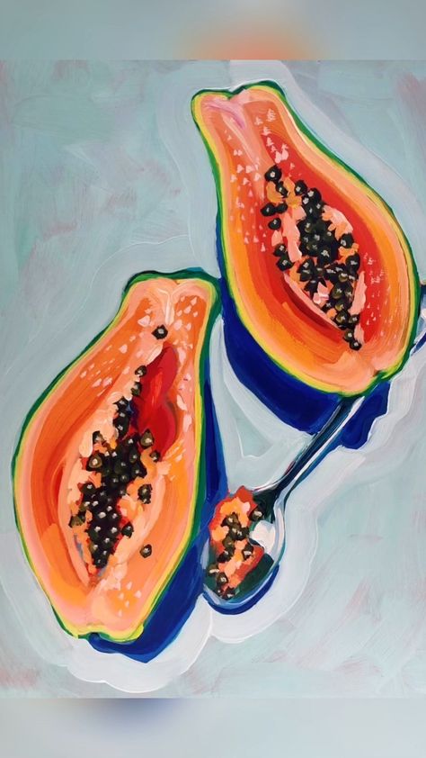 Sari Shryack // Artist on Instagram: “Quick acrylic painting of a papaya 😋 #artdare #tropicalfruit” Realistic Food Art, Quick Acrylic Painting, Sari Shryack, Not Sorry Art, Painting Food, Food Art Painting, A Level Art Sketchbook, Arte Alien, Social Art