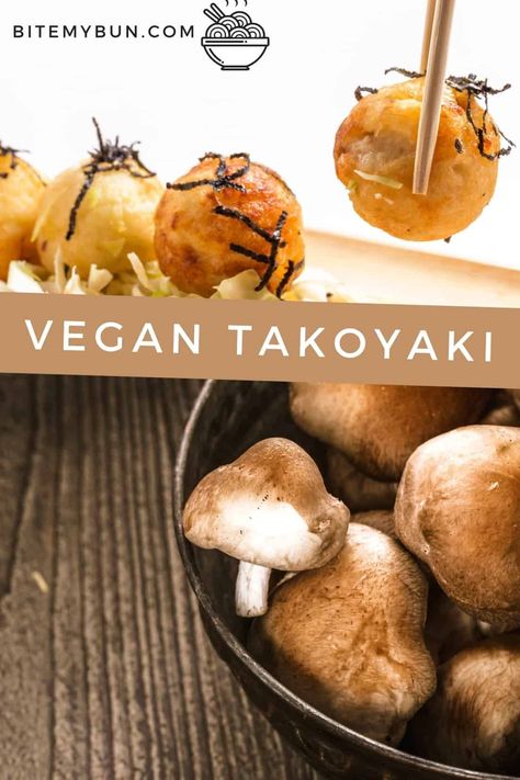 Vegan takoyaki with shiitake. Try this delicious vegan takoyaki recipe and learn what things to avoid when eating takoyaki as a vegan. Vegan Tamagoyaki, Shiitake Recipes, Vegan Takoyaki Recipe, Takoyaki Recipe, Vegan Takoyaki, Shrimp Mushrooms, Vegan Okonomiyaki, Veggie Lunches, Veg Diet