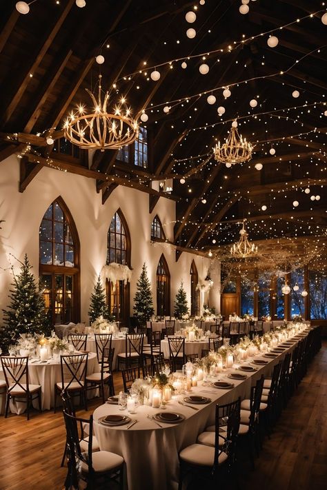 17 Cozy Winter Wedding Reception Decor Ideas for a Magical Celebration - Mekardo Winter Engagement Decorations, Glamorous Rustic Wedding, Winter Wedding Vintage, Wedding Venue Ideas Winter, Winter Wedding Luxury, Navy And Silver Winter Wedding, Christmas Light Wedding Decor, Fall Wedding Board, Winter Wedding Lanterns