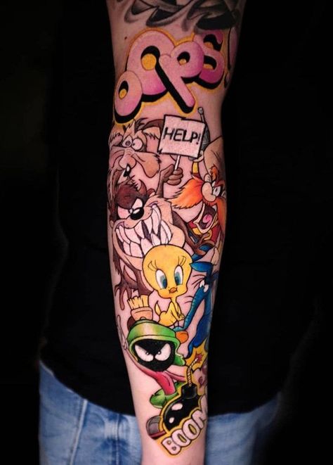 Tattoos Sleeves For Guys, Cartoon Network Tattoo Ideas Sleeve, Looney Tunes Sleeve Tattoo, Colorful Cartoon Tattoos, Looney Tune Tattoos, Color Tattoos Men, Looney Tunes Tattoos, Color Tattoo For Men Arm, Colored Tattoo For Men