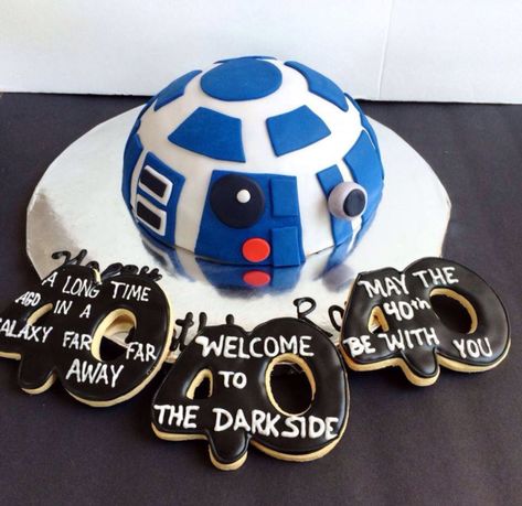 R2d2 may the fortieth be with you birthday cake and cookies. 40 #40thbirthday #40th #birthday #themes May The 40th Be With You Party, May The Forties Be With You, May The 40th Be With You, 40th Birthday Men, 40th Bday Ideas, School Function, Dj Photo, 40th Birthday Party Decorations, Star Wars Cake