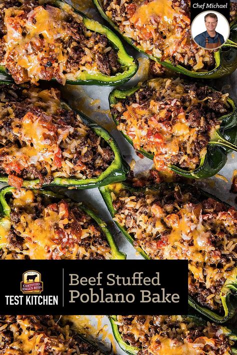 Poblano peppers filled with Southwestern seasoned ground beef, rice, salsa, and cheese. Make stuffed poblano peppers for a delicious fiesta dinner. Best Stuffed Peppers, Beef Appetizers, Ground Beef Rice, Beef Rice, Poblano Peppers, Angus Beef, Chipotle Pepper, Stuffed Poblano Peppers, Peppers Recipes