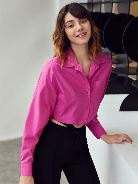 Hot Pink Casual  Long Sleeve Cotton Plain Shirt Embellished Non-Stretch Spring/Summer Women Tops, Blouses & Tee Drop Shoulder Blouse, Formal Clothing, Plain Shirt, Plain Shirts, Women Blouses, Pink Shirt, Women Tops, Dark Pink, Sleeve Cotton