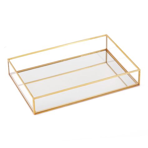 PRICES MAY VARY. Dimensions: 11.8"x7.9"x2", weight: 30oz. The height of the mirrored tray is 2”, perfect size in drawer, saving more space. Clear glass tray features mirror bottom and gold finish design metal frame, without lid so it makes storage and display easy and simple. Ornate mirrored tray perfect to storage your daily essentials, can also be used as jewelry organizer, perfume trays, vanity trays, dresser tray, decorative tray, bathroom vanity tray, makeup tray organizer. This is a gorgeo Perfume Tray Aesthetic Bedroom, Perfume Display Tray, Cute Desk Items, Pink Penthouse, College Wishlist, Spanish Bedroom, Perfume Trays, Gold Mirror Tray, Perfume Holder