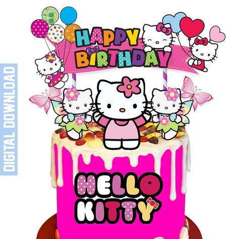 HELLO KITTY CAKE TOPPER Birthday Cake Heart Shape, Cake Topper Free Printable, Cake Heart Shape, Happy Birthday Hello Kitty, Birthday Cake Heart, Kue Hello Kitty, Hello Kitty Cake Topper, Kitty Birthday Cake, Hello Kitty Birthday Cake