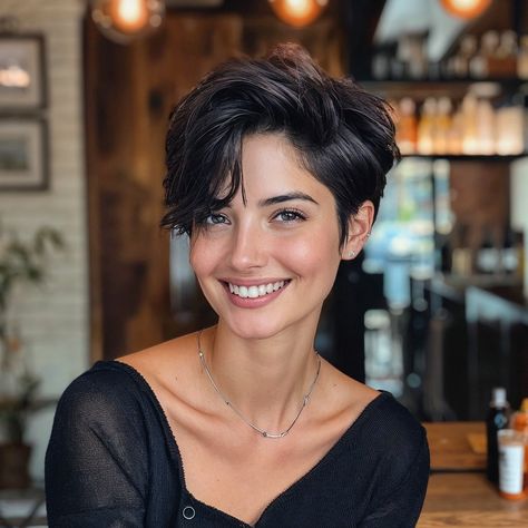 Wavy Short Pixie Hairstyles, Short Pixie Long On Top, Long Pixie Haircut Round Face, 360 Pixie Haircut, Pixie Side Part, Short French Hair, Pixie Cut Asian, Women’s Short Haircuts, Long Pixie Cut Thick Hair