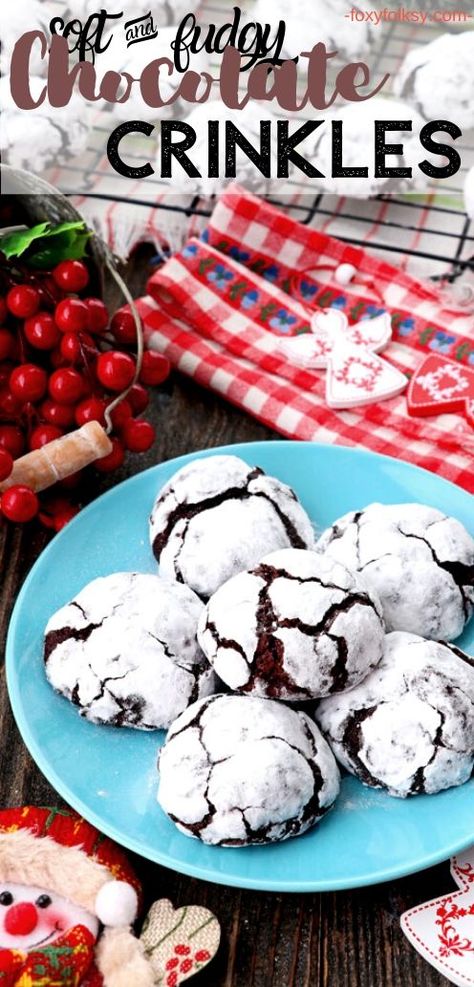 Try this easy recipe for soft and fudgy chocolate crinkle cookies covered in confectioners sugar, making a crinkled outer layer as they bake. So easy and yummy. | www.foxyfolksy.com #recipe #cookies #foxyfolksy #crinkles Hot Fudge Cake, Hot Chocolate Fudge, Chocolate Crinkle, Recipe Cookies, Chocolate Crinkle Cookies, Slow Cooker Desserts, Chocolate Crinkles, Filipino Desserts, Winter Desserts