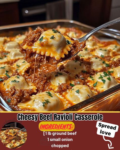 Cheesy Beef Ravioli Casserole Baked Ravioli Casserole, Dinner Soup Recipes, Nestle Chocolate Chip Cookies, Beef Ravioli, Ravioli Casserole, Baked Ravioli, Ravioli Bake, Breakfast Enchiladas, Chicken Cake