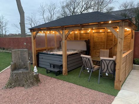 Gazebo Ideas Backyard With Hot Tub, Hot Tub Garden Ideas Privacy Screens, Patio With Gazebo And Hot Tub, Hot Tub Deck With Bar, Hot Tub Pavilion, Screened Hot Tub Enclosure, Hot Tub And Bbq Area, Outside Hot Tub Area, Hot Tub Cabana Ideas