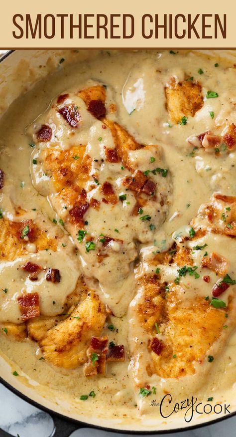 chicken smothered in a tan gravy with crispy bacon bits Smothered Chicken Dinner Ideas, Chicken Broth Recipes Meals, Oven Baked Chicken With Gravy, Recipes For Thinly Sliced Chicken Breast, Breaded Chicken Meals, Easy Fast Chicken Recipes, Sautéed Chicken Breast, Chicken Breast Skillet Recipes, Dark Meat Chicken Recipes