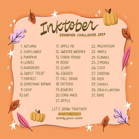 I created a drawing challenge to do throughout October! Feel free to participate in as many (or as few) prompts as you would like! Any & all artists are welcome and use whatever medium you prefer 🎨🖌️ Tag @emily_grace_creates & #inktober2024 so that I can find all the cool things you guys create 😊 November Prompts, October Drawing Challenge, 30 Day Drawing Challenge, Challenges To Do, Altered Book Art, Doodle Ideas, Corn Maze, Fall Drinks, Cool Things