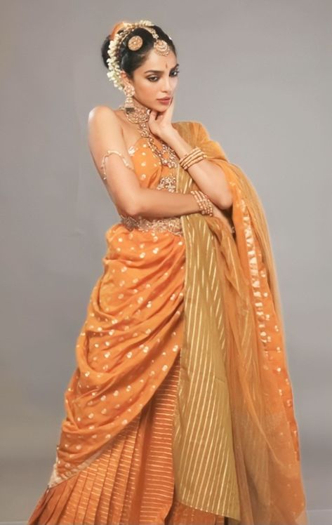 Traditional Desi Clothing, South Indian Clothing, India Traditional Dress Culture, Traditional Indian Clothing Women, Uttar Pradesh Traditional Dress, Indian Sari Dress Traditional, Ancient Indian Clothing, Orange Indian Dress, Vedic Wedding