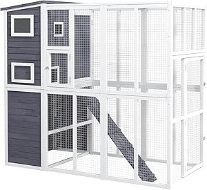 PawHut Outdoor Catio, Cat House Wooden Feral Cat Shelter, Cat Cage with Platforms, Waterproof Asphalt Roof, Ramps, 77" L, Light Gray Cat Shed, Outdoor Laundry, Feral Cat Shelter, Feral Cat House, Cat Houses Indoor, Cat Patio, Canopy Architecture, Cat Cage, Outdoor Cat Enclosure