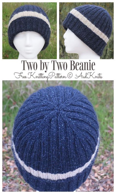 Two by Two Beanie Hat Free Knitting Pattern - Knitting Pattern Mens Hat Knitting Pattern, Mens Knit Beanie, Hat Free Knitting Pattern, Kids Hats Patterns, Knitting Gloves, Beanie Pattern Free, Easy Knit Hat, Beanie Knitting Patterns Free, Knit Beanie Pattern