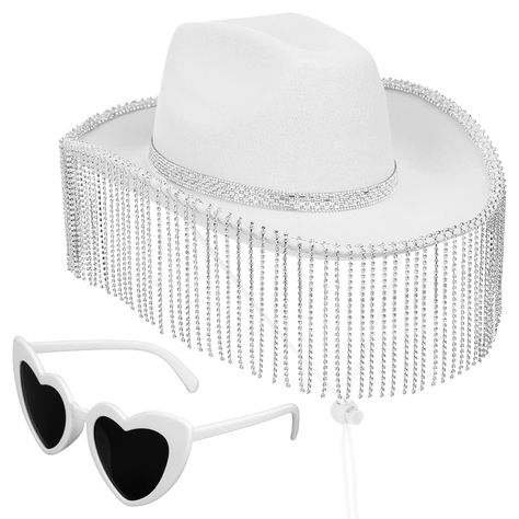 PRICES MAY VARY. Package includes: You will receive 1 cowboy hat with longer tassel rhinestones and a pair of heart-shaped sunglasses. While rhinestone cowgirl hats are often associated with country and western themed events, they can also be a stylish addition to casual wear, music festivals, or even as part of a themed party outfit. Wedding Decoration: Each glitter cowboy hat is carefully made with high-quality fabric materials and artificial rhinestones, which is strong, soft, odorless and da Bedazzled Cowgirl Hat, Bedazzled Cowgirl, Party Outfit Wedding, Cowboy Hats For Women, Rhinestone Cowboy, Rhinestone Cowgirl, Black Desktop, Bridal Hat, Outfit Wedding