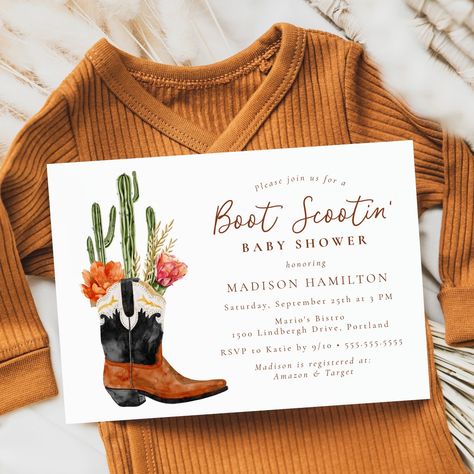 Invite guests to celebrate the mom-to-be with these cute cowboy boots baby shower invitations. The invites feature a watercolor illustration of a cowboy boot filled with cactus and orange and pink cactus flowers. The western-themed baby shower invitations feature the phrase "Boot Scootin'" in a brown, whimsical script. Personalize the cowboy or cowgirl baby shower invitations with the mom-to-be's name and shower details. Cowgirl Baby Shower Theme, Cowgirl Baby Shower Invitations, Cowboy Baby Shower Theme, Rodeo Baby Shower, Rodeo Baby, Cowgirl Baby Showers, Country Baby Shower, Cowgirl Baby, Cowboy Baby Shower