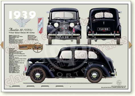 Austin 10 Saloon GRQ 1939-40 classic car portrait print Car Portrait, Car Family, Car Reference, Auto Vintage, British Car, Car Prints, First Cars, British Motors, Automotive Artwork