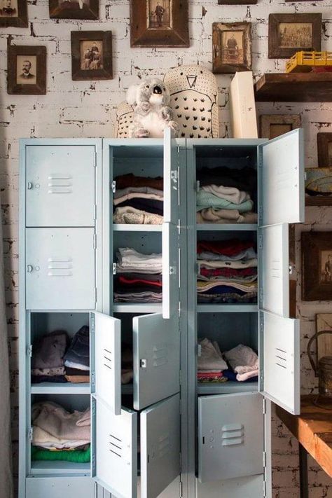 metal locker wardrobe Vintage Lockers, Decoration Photography, Metal Lockers, Casa Vintage, Metal Cabinet, Closet Storage, Boy Room, House Rooms, Dekorasi Rumah