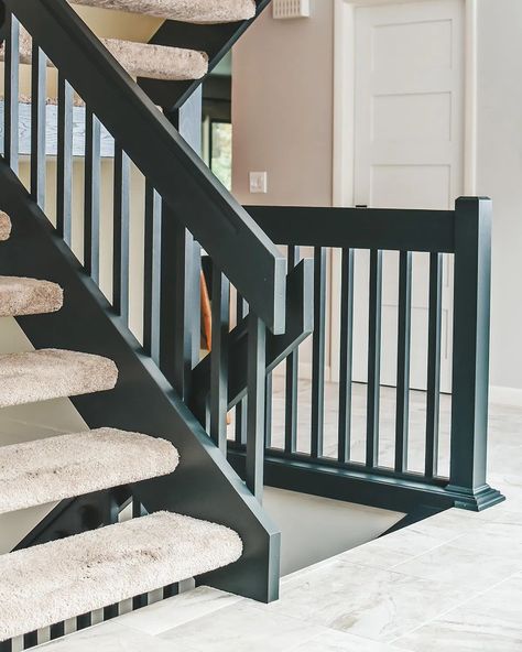 Black Open Staircase, Side Mounted Stair Railing, 80s Staircase Makeover, 70s Staircase Makeover, Black Wood Staircase, Black Wood Stair Railing, All Black Staircase, Black Painted Staircase, Black Painted Stairs