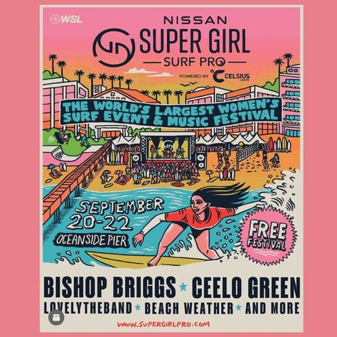 So excited to be a featured artist at the @SuperGirlPro this year! Come check out my work at the IMAGERY ARTWORKS tent in Festival Village and enjoy the incredible surfing, music, and vibes. This event is a must-attend for anyone who loves the beach, art, and female empowerment. See you there! 🌊🎨 . . #SuperGirlPro #Oceanside #SurfEvent #ArtExpo #FemaleEmpowerment #WomenInSports #Festival #CELISUS #NissanSuperGirlSurfPro #BeachLife #SurfCulture #LocalArtists #FollowMe #InstaGood Oceanside Pier, Ceelo Green, Beach Weather, Great Music, Music Fest, Top Music, Female Empowerment, Festival Design, Fun Times