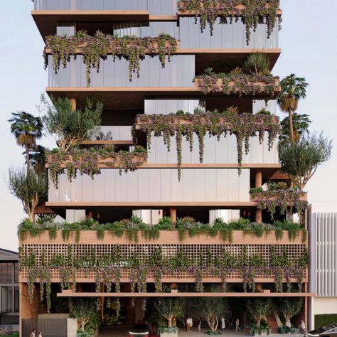 Artist's impression of facade enveloped with subtropical greenery Green Commercial Building, Sustainability Architecture, Subtropical Plants, Green Arch, Architecture Mapping, Modular Housing, Building Elevation, Fortitude Valley, Modern House Facades