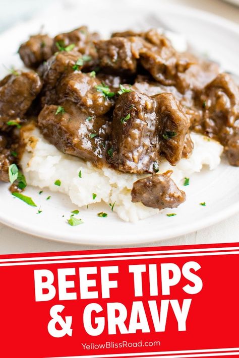 Beef Tips and Gravy is classic comfort food, with chunks of tender beef in a rich brown gravy. Serve over mashed potatoes, rice or noodles. Beef Tips And Gravy Recipe, Beef Tip Recipes, Over Mashed Potatoes, Beef Tips And Gravy, Honey Roasted Carrots, Cheesy Mashed Potatoes, Buttered Noodles, Beef Sirloin, Garlic Mashed Potatoes