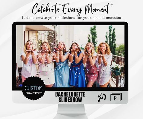 ✨ Calling all Bridesmaids and Besties! ✨ 🎉 Planning the ultimate bachelorette bash? 🎉 🌟 Imagine surprising the bride-to-be with a custom slideshow that’s tailored to your special event, complete with custom text and music! 🌟 🎶 Whether it’s laughing over those high school throwbacks, reliving epic college adventures, or cherishing those unforgettable moments, this custom slideshow will bring all the feels. 🎶 👯‍♀️ Make her bachelorette weekend truly unforgettable with a heartfelt journey th... Birthday 1st, Visual Story, Photo Slideshow, Wedding Showers, Bride Bachelorette, Party Bachelorette, Milestone Birthday, The Feels, Bachelorette Weekend