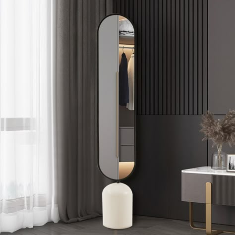 This floor standing mirror is designed by combining an oval mirror and a white cylindrical base. The large and high-definition glass mirror, combined with high-quality iron frame and base, perfectly presents an elegant and practical floor mirror. It is suitable for living room, bedroom, dining room, entrance and any space, and can be perfectly adapted to various styles. Oval Long Mirror, Front Entrance Mirror, Modern Floor Standing Mirror, Standing Floor Mirror, Mirror Room Divider, Floor Standing Mirror, Black And White Living Room, Big Mirror, Room Entrance