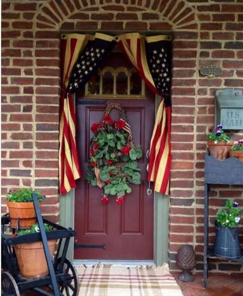 Americana, 4th of July, Decorating Patriotic Porch, Fourth Of July Decor, Stair Decor, Diy Outdoor Decor, Patriotic Crafts, House With Porch, Front Porch Decorating, Americana Decor, Patio Door