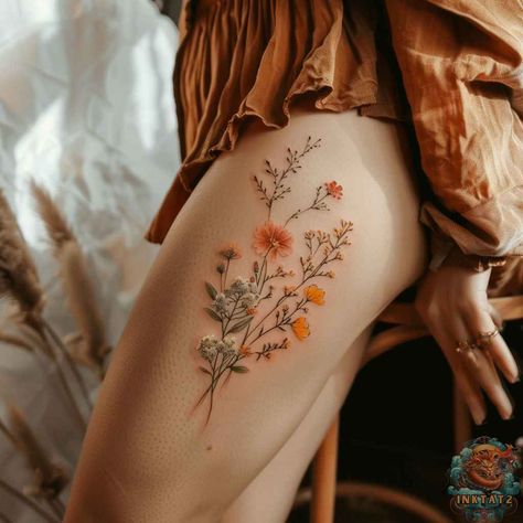 Fall Inspired Tattoos, 70s Tattoo Ideas, Cottagecore Tattoos, Fall Tattoo Ideas, Tattoo Coverups, Cottagecore Tattoo, Muted Fall Colors, Vintage Floral Tattoos, Fall Tattoo