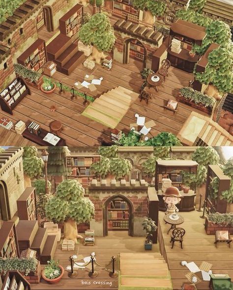 Acnh Outdoor Shop Ideas, Acnh Outdoor Bookstore, Outdoor Cafe Anch, Acnh Sunken Library, Acnh Book Shop, Acnh Cottagecore Library, Animal Crossing Library Ideas, Acnh Cafe Designs Outdoor, Outdoor Library Animal Crossing