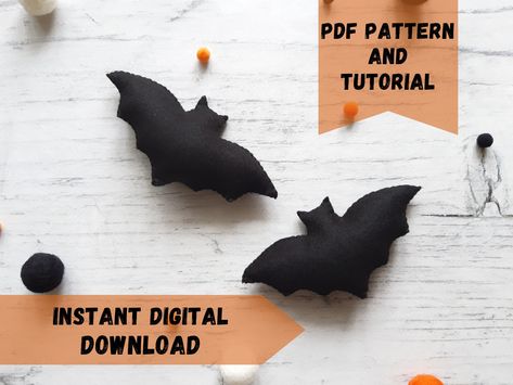 Easy sewing tutorial and pattern on how to make the felt Halloween bat ornaments.  PDF tutorial includes: - Materials list - Real size pattern pieces for Print (NO need to enlarge or resize) - Step by step picture & text tutorial (in english) - Basic stitching guide You can sew it by hand, no need a sewing machine. Size of finish ornament - about 4 inches (10 cm). THIS IS NOT A FINISHED TOY. THIS IS A PDF PATTERN DOWNLOAD. All needed materials you must to purchase yourself. After purchase this l Bat Sewing Pattern Simple, Felt Bat Pattern, Diy Bat Plushie Sewing Patterns, Goth Felt Crafts, Felt Bats Halloween, Felt Halloween Decorations, Bat Ornaments, Felt Bat, Halloween Sewing Patterns