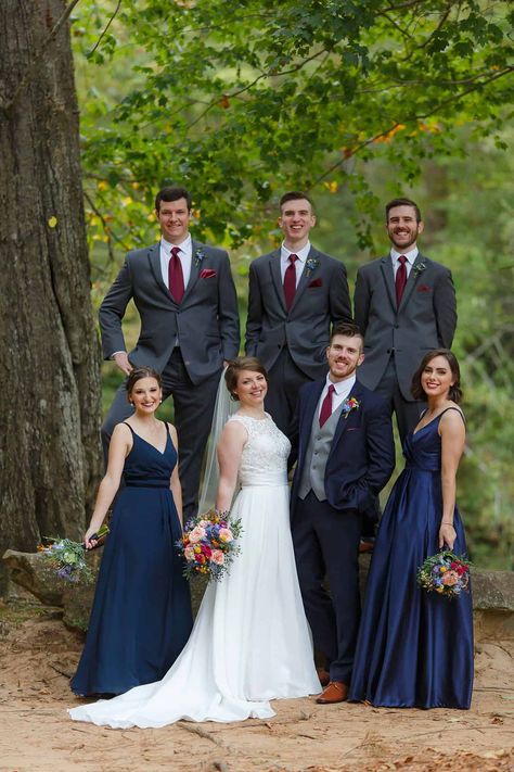 Navy Blue Maroon Gray Wedding, Navy Blue Gray And Burgundy Wedding, Fall Wedding Colors Gray Suits, Navy Blue And Burgundy Wedding Bridesmaid Dresses, Navy Blue And Red Wedding Decorations, Burgundy And Navy Bridal Party, Navy Blue Wedding Party Groomsmen, Navy And Burgundy Wedding Party, Navy Blue Maroon Wedding