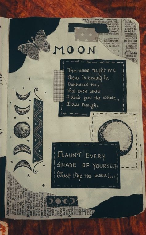 Dream Journal Inspiration, Moon Journal Aesthetic, Cover For Scrapbook Ideas, Decorative Journal Pages, Journal Ideas Aesthetic Cover Page, Jourling Ideas Creative, Moon Aesthetic Journal, Journal Book Covers Ideas, Art Journal Aesthetic Ideas