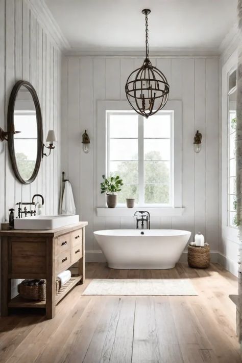 Farmhouse bathroom with wood flooring Luxury Vinyl Plank Bathroom, Modern Bathroom Flooring, Bathroom Wood Floor, Wood Look Tile Bathroom, Wood Floor Inspiration, Hardwood Floors In Bathroom, Modern Farmhouse Bathrooms, From Farmhouse To Modern, Bathroom Flooring Ideas